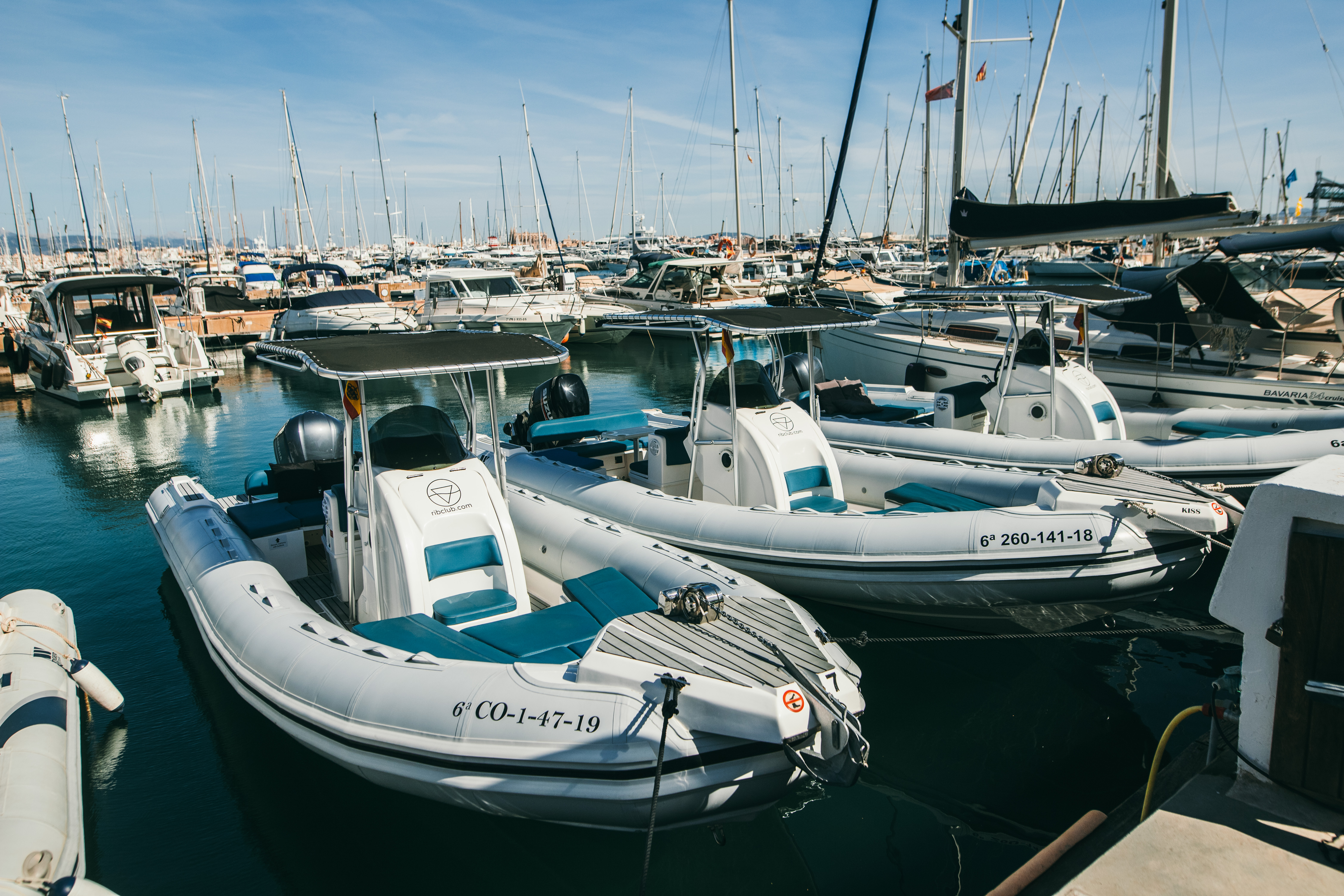 People looking at the ribs available to decide whether a Mallorca boat club membership is worth it. 